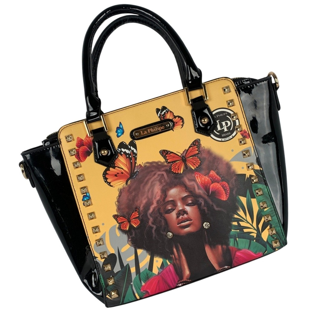 La Philippe Miami 'Butterfly Fly' Studded Patent Satchel Handbag Yellow Black EC
